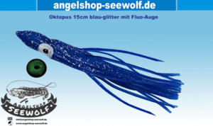 15cm Oktopus fürs Großfischangeln blau mit Glitter und Fluo-Auge