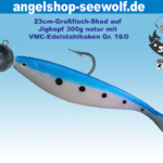 300g_Natur-Jigkopf_mit_VMC-Haken-und-Shad_blau-weiß