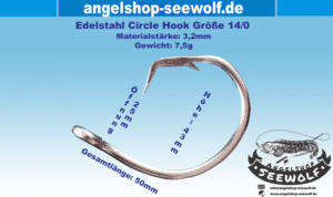 Edelstahl Circle Hook Größe 14/0 mit Abmessungen