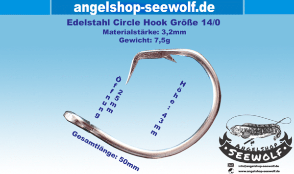 Edelstahl Circle Hook Größe 14/0 mit Abmessungen
