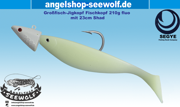 Fluo-Fischkopf-210g-mit-SEGYE-High-End-Edelstahlhaken-Größe-16/0-und-23cm-Shad