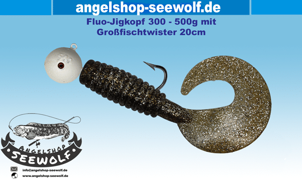 Fluo-Jigkopf-300-500g-mit-20cm-Twister-braun-glitter