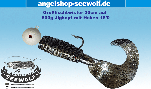 Großfischtwister 20cm-braun-glitter-auf 500g-Fluo-Jigkopf mit Haken 16/0