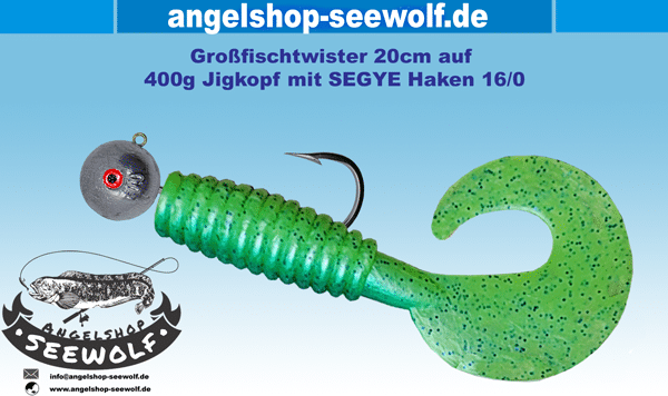 Großfischtwister 20cm grün-glitter-auf 400g-Jigkopf mit SEGYE Haken 16/0