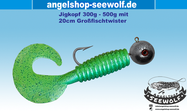 Großfisch-Jigkopf 250-500g mit VMC-Edelstahlhaken 16/0 und 20cm Shad
